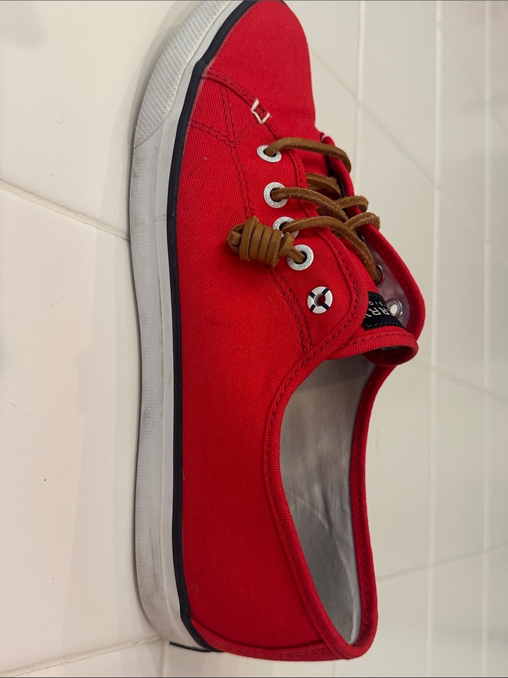 Sperry Red Canvas Boat Shoes with leather Laces - Picture 6 of 8
